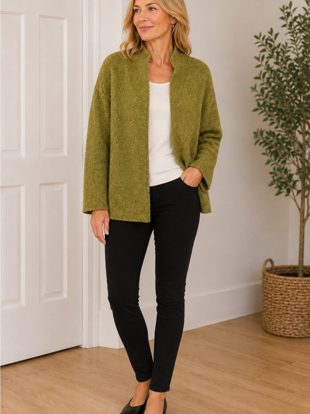 Eileen Fisher Olive Green Open-Front Cardigan